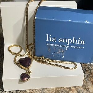 Lia Sophia Gold Necklace with Purple Heart Pendants